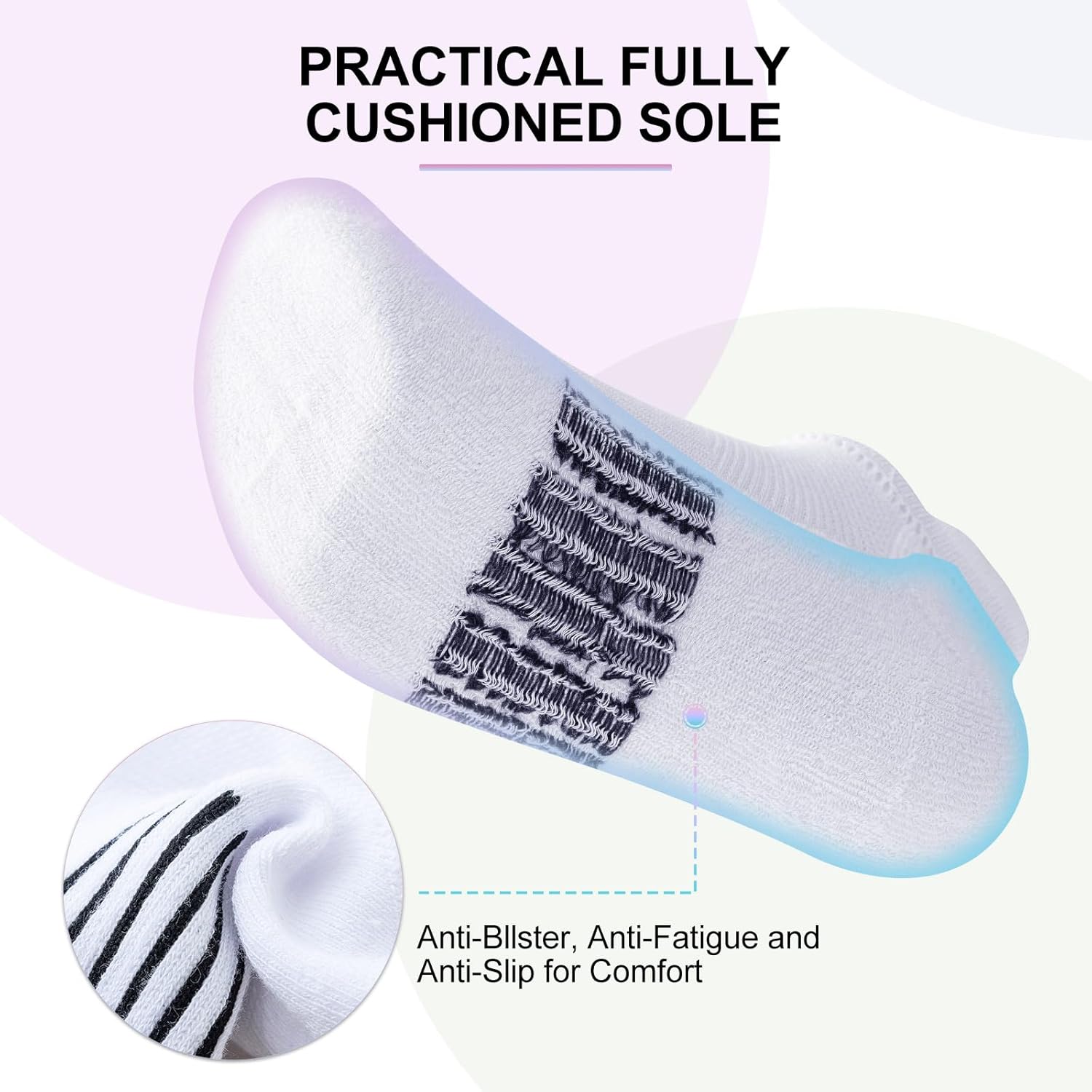 Womens Socks Ankle Socks Cotton Sports Socks 6 Pairs Breathable Anti-Blister Cushioned Running Socks 6-8/8-10-5