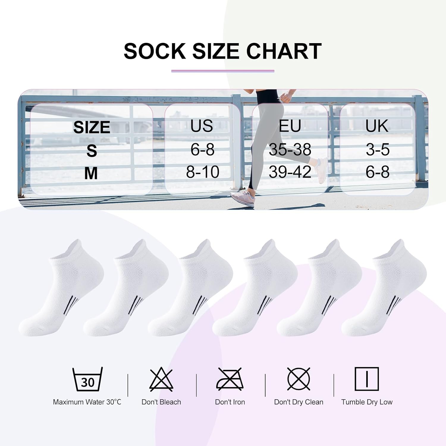 Womens Socks Ankle Socks Cotton Sports Socks 6 Pairs Breathable Anti-Blister Cushioned Running Socks 6-8/8-10-7