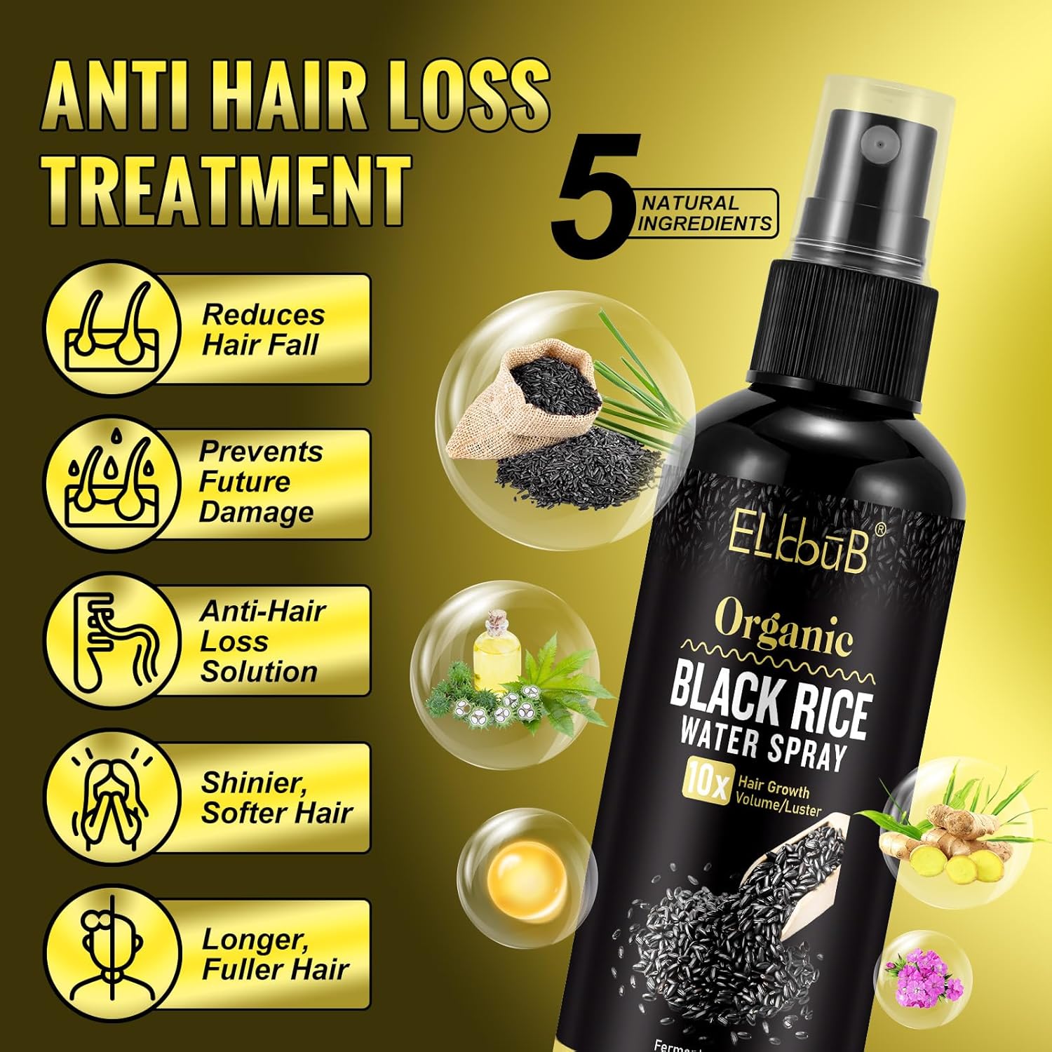 Black Rice Water Hair Growth Serum Spray - Natural Vegan Hair Regrowth Treatment for Men & Women with Castor Oil and Ginger - Ideal for Damaged, Dry Hair - Enhances Thickness, Length, Luster-5