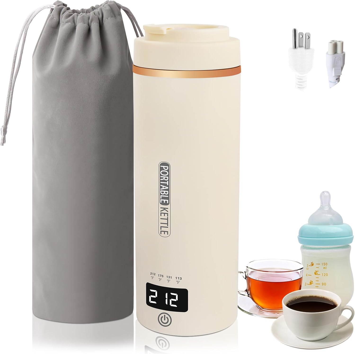 Electric Kettle For Travel Portable Small Kettle 0.5L（17 OZ), Fast Boiling Mini Water Kettle 316 Stainless Steel For Tea/Coffee, Hot Water Boiler with 4 Temperature,Auto Shut-Off,110V-220V (Beige)-0