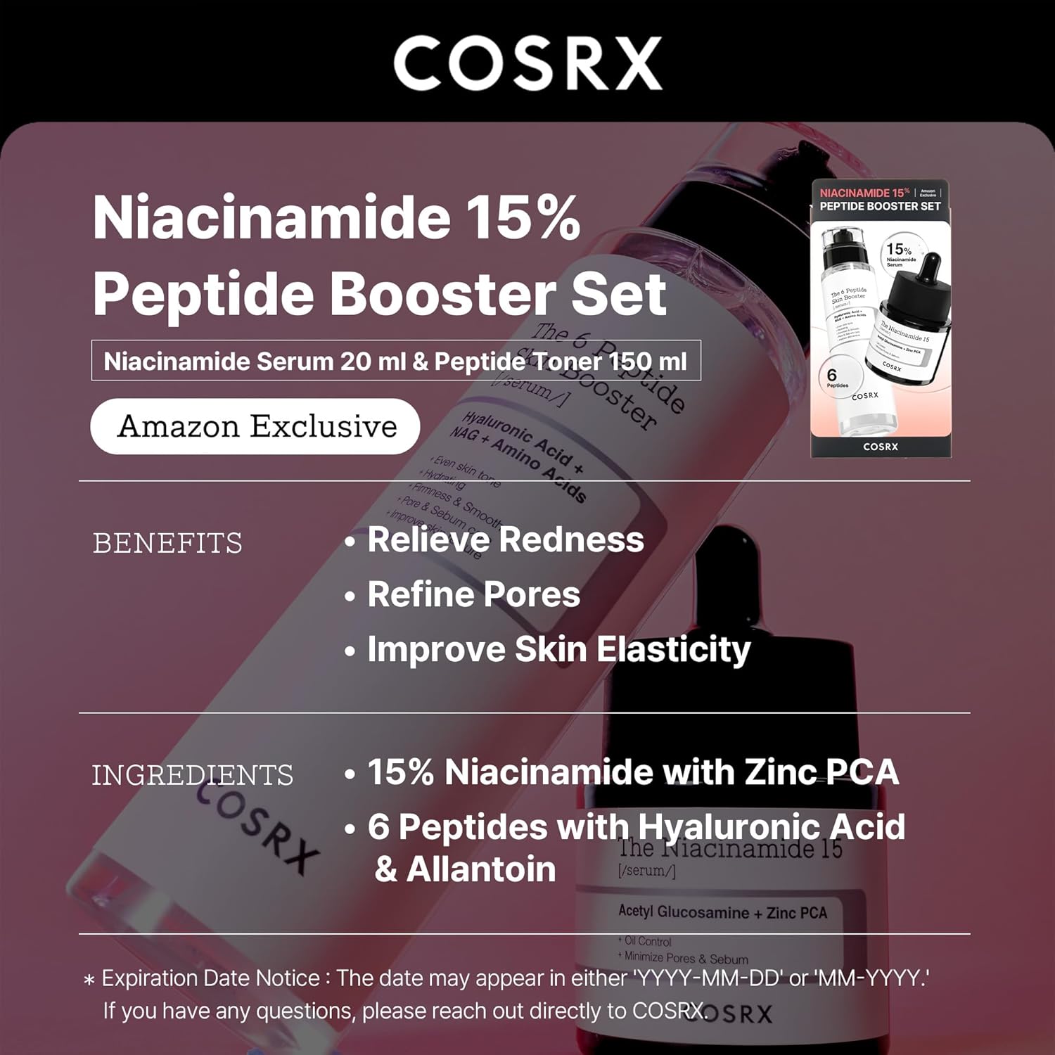 COSRX Niacinamide 15% Peptide Booster Set, Amazon Exclusive, Niacinamide Serum & 6 Peptide Booster Toner, Daily Skincare Duo, Korean Skin Care-1