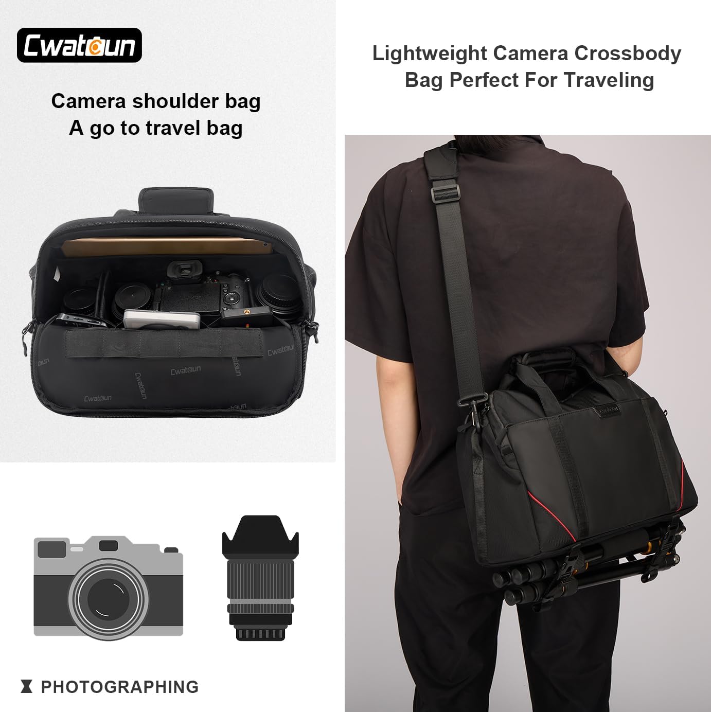 Cwatcun Camera Bag Crossbody, DSLR/SLR/Mirrorless Camera Bags for Photographers with Tripod Holder, Camera Case Compatible with Canon/Nikon/Sony - Medium-2