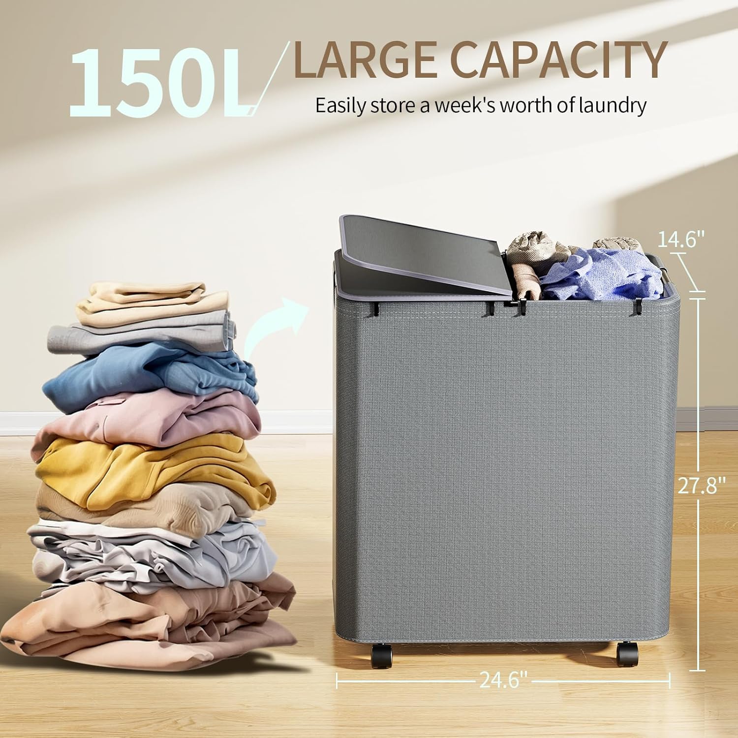 Yecaye 150L Laundry Hamper with Wheels, Rolling Laundry Basket with Lid and 2 Removable Laundry Bag, Large Capacity Clothes Hampers for Laundry, Bedroom, Bathroom, Dorm, Laundry Room, Grey-1