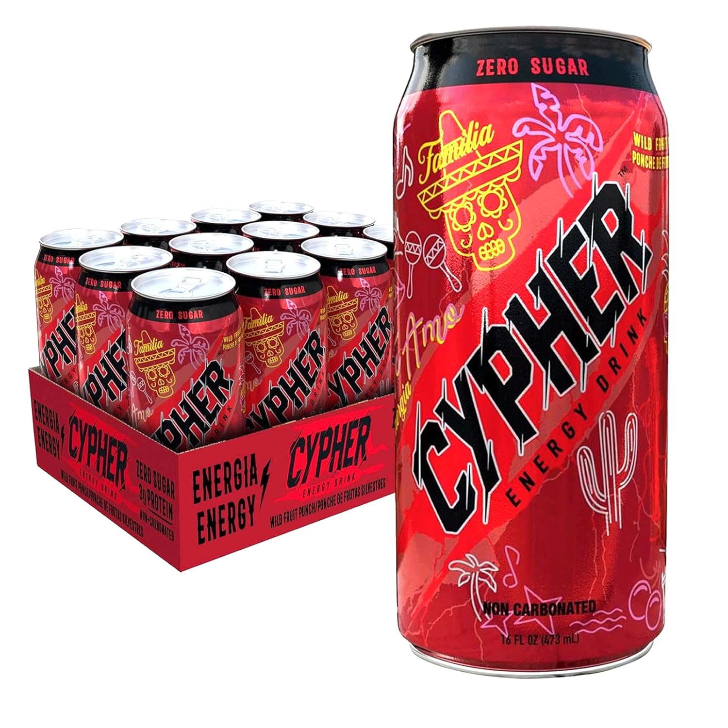 Cypher Wild Fruit Punch Zero Sugar Energy Drink - 3g Whey Protein, 0g Sugar, 260 mg Caffeine, Non-Carbonated, High-Performance, Sugar-Free Drink for Sustained Energy and Focus - 12-Pack, 16 oz Cans-0