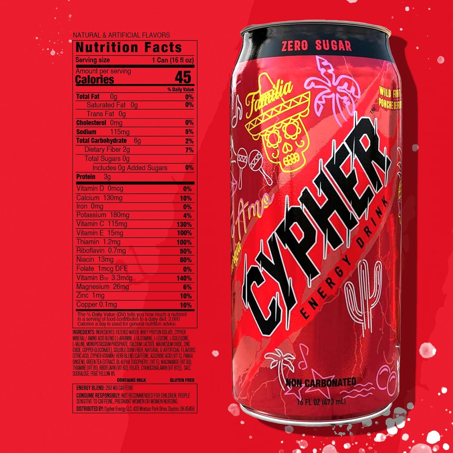 Cypher Wild Fruit Punch Zero Sugar Energy Drink - 3g Whey Protein, 0g Sugar, 260 mg Caffeine, Non-Carbonated, High-Performance, Sugar-Free Drink for Sustained Energy and Focus - 12-Pack, 16 oz Cans-2