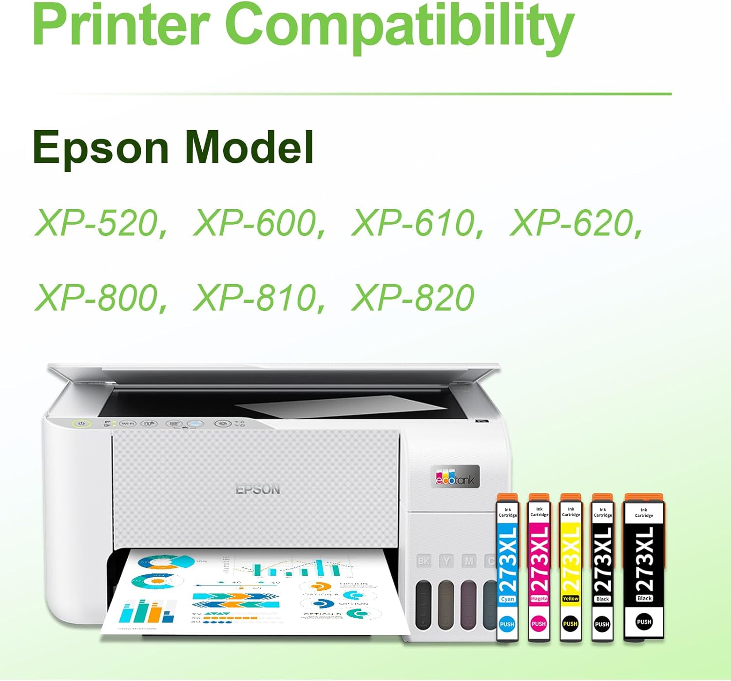 Replacement for Epson 273xl T273XL to use with XP-520 XP-600 XP-610 XP-620 XP-800 XP-810 XP-820 (5 Pack-Black, Cyan, Magenta, Yellow, Photo Black)-2