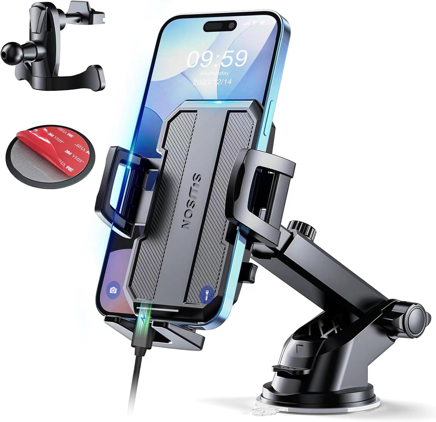 Upgraded 3-in-1 Car Phone Holder Mount [Powerful Suction] Phone Mount for Car Dashboard Air Vent Windshield,for All iPhone Android Phone (Black)-0