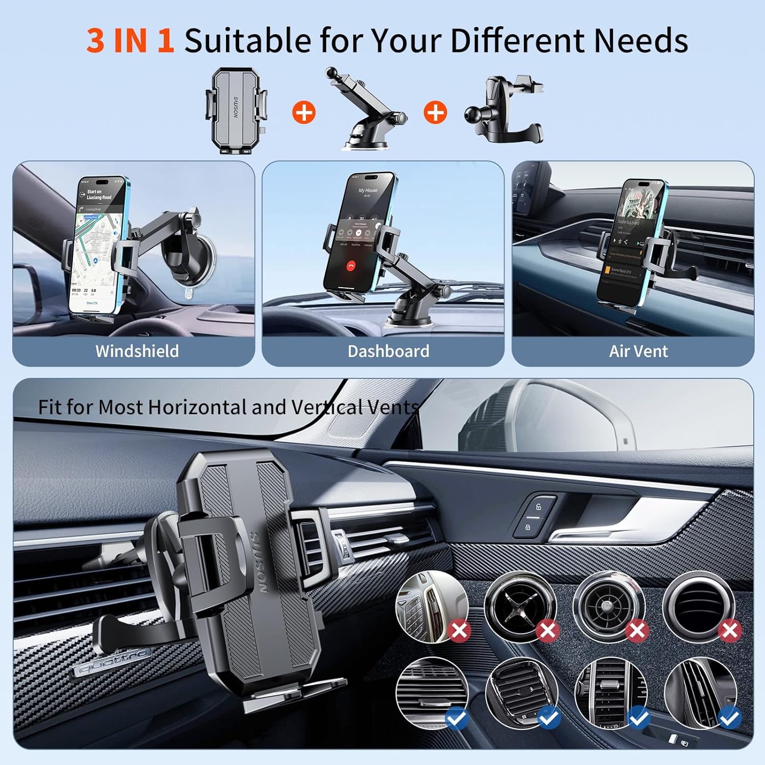 Upgraded 3-in-1 Car Phone Holder Mount [Powerful Suction] Phone Mount for Car Dashboard Air Vent Windshield,for All iPhone Android Phone (Black)-1