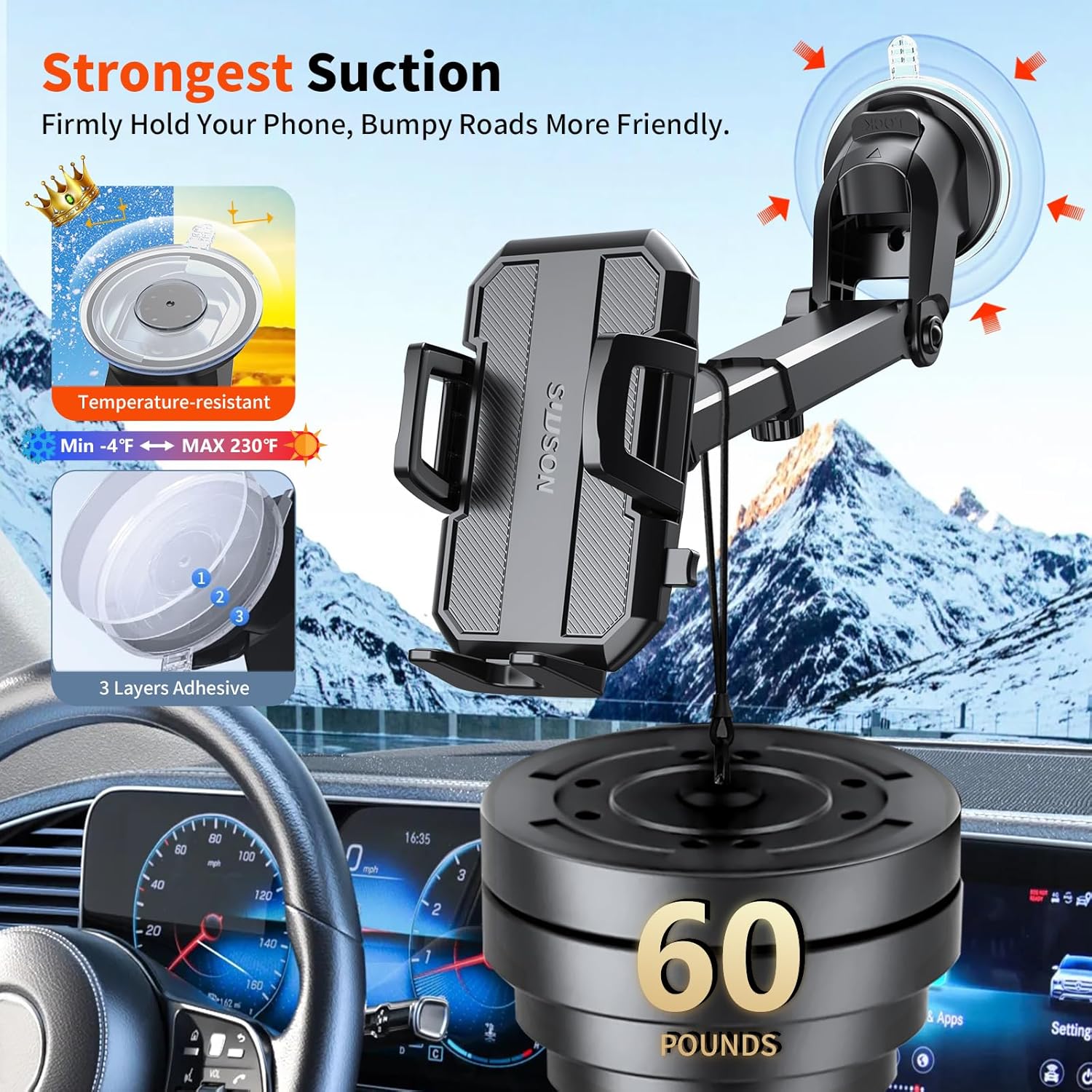 Upgraded 3-in-1 Car Phone Holder Mount [Powerful Suction] Phone Mount for Car Dashboard Air Vent Windshield,for All iPhone Android Phone (Black)-2