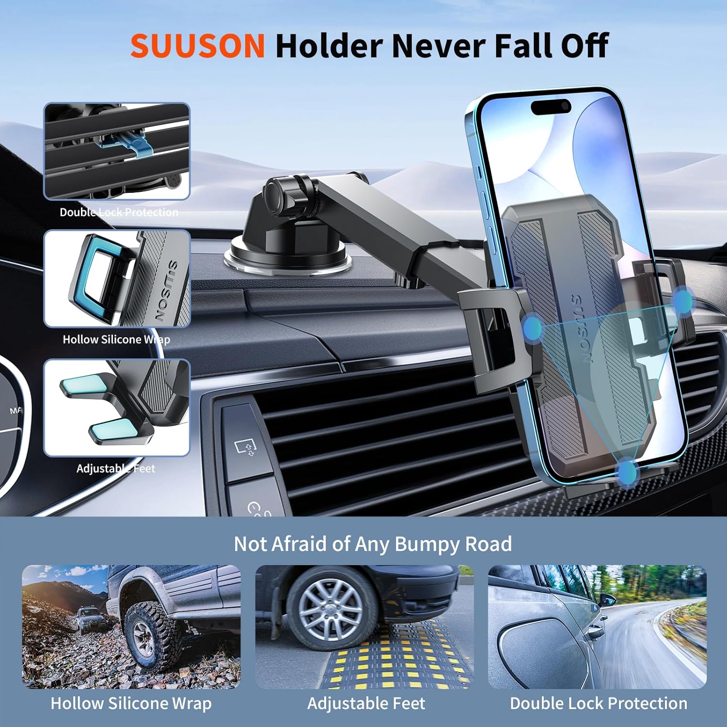 Upgraded 3-in-1 Car Phone Holder Mount [Powerful Suction] Phone Mount for Car Dashboard Air Vent Windshield,for All iPhone Android Phone (Black)-5