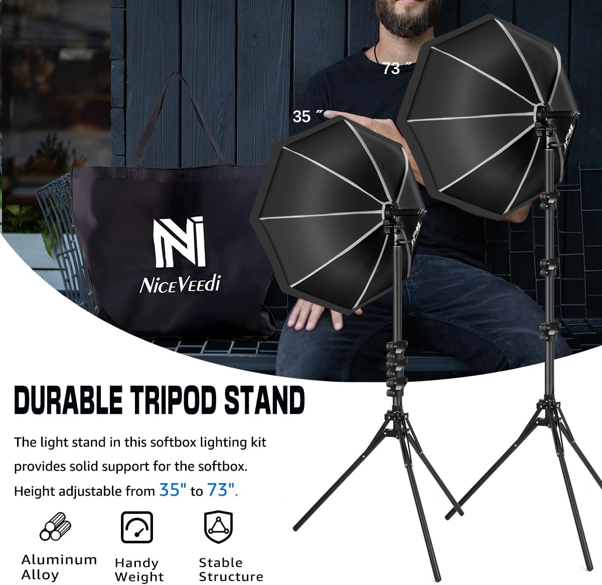 Softbox Photography Lighting Kit, NiceVeedi 20" Softbox Lighting Kit with 5400K 650W Equivalen LED Bulbs & 63" Tripod Stand, Studio Light Kit for Photography Portraits Advertise Shooting, Video Record-5