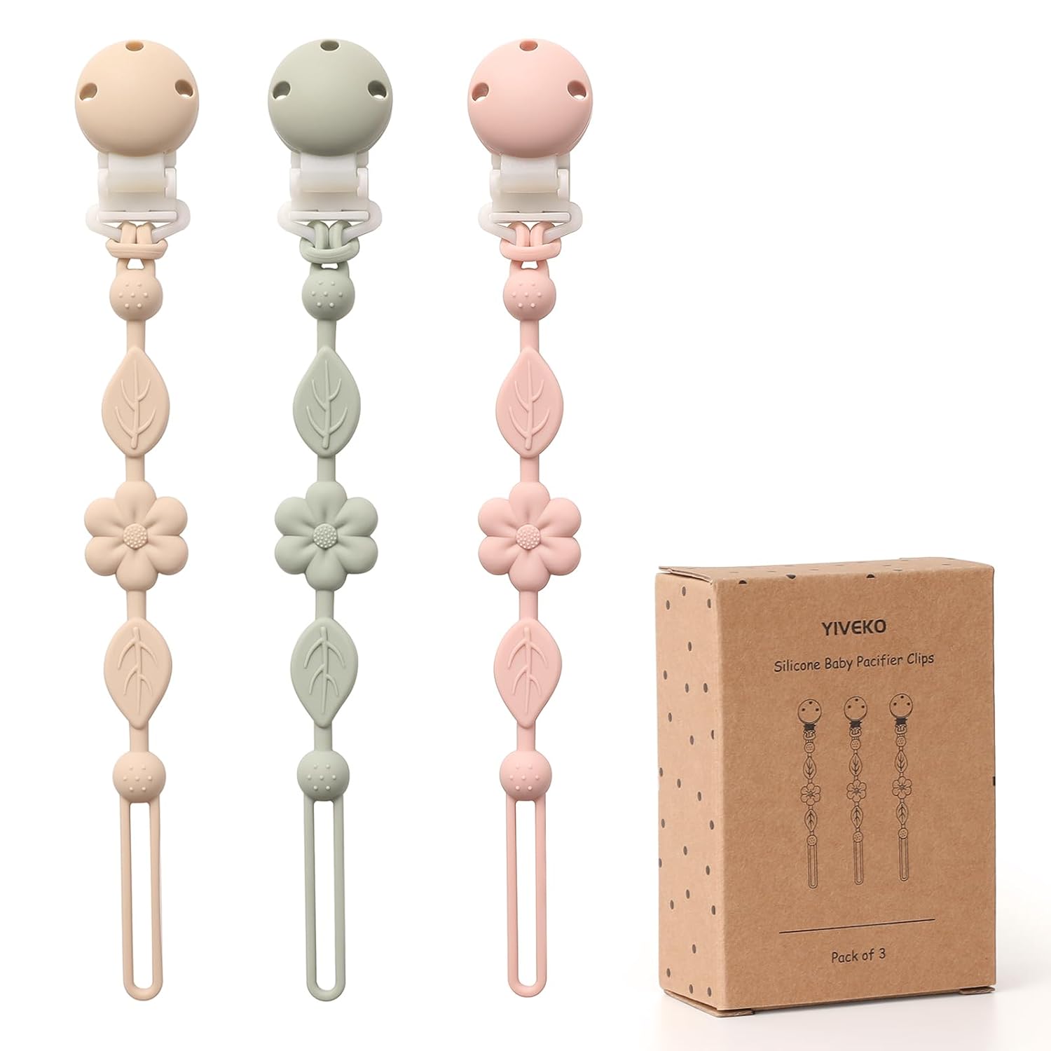 Pacifier Clips for Baby Silicone Pacifier Holder Clips for Boys Girls One Piece Baby Binky Clips YIVEKO Pacifier Clips Flower 3Pcs-Ivory+Sage+Blush-0