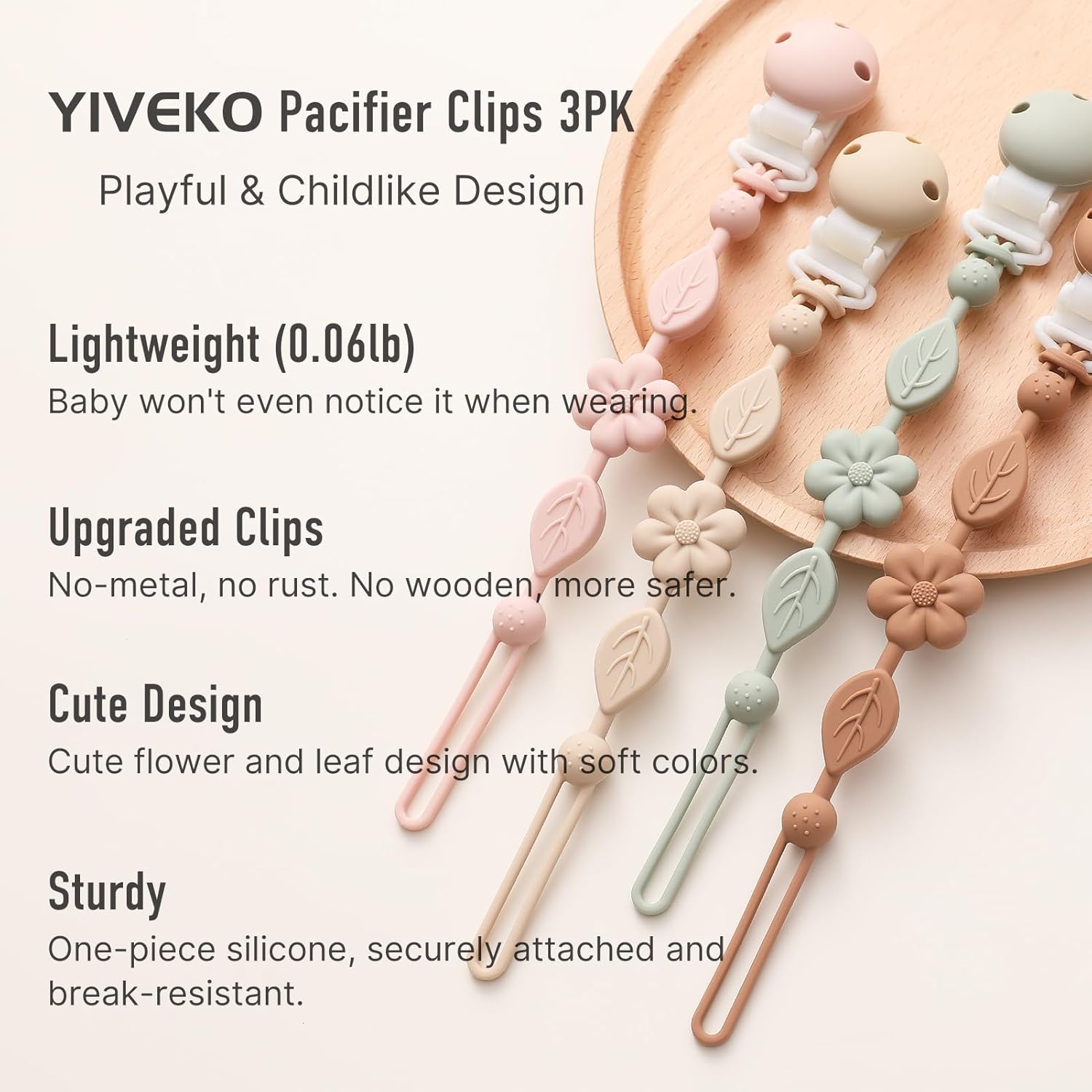 Pacifier Clips for Baby Silicone Pacifier Holder Clips for Boys Girls One Piece Baby Binky Clips YIVEKO Pacifier Clips Flower 3Pcs-Ivory+Sage+Blush-1