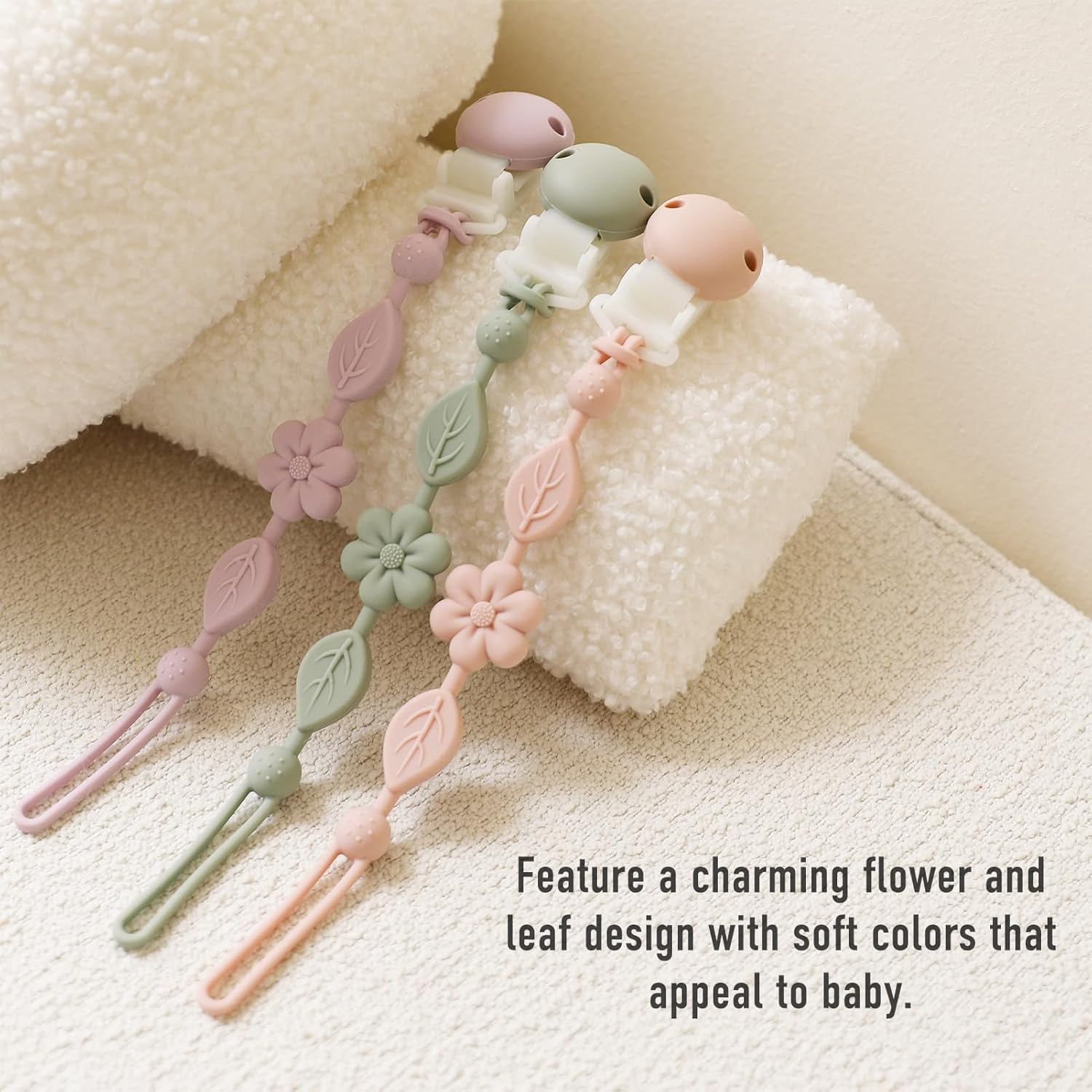 Pacifier Clips for Baby Silicone Pacifier Holder Clips for Boys Girls One Piece Baby Binky Clips YIVEKO Pacifier Clips Flower 3Pcs-Ivory+Sage+Blush-3