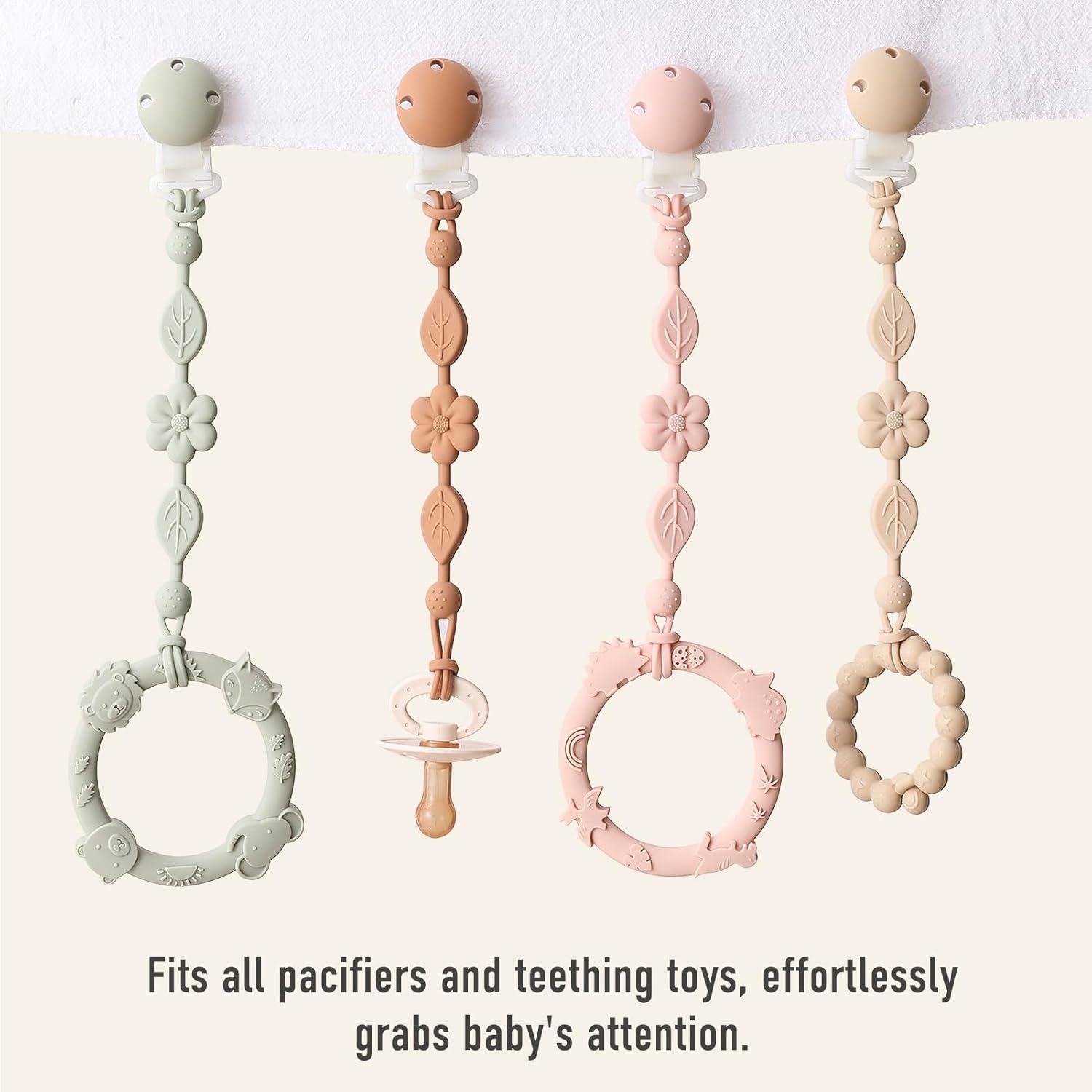 Pacifier Clips for Baby Silicone Pacifier Holder Clips for Boys Girls One Piece Baby Binky Clips YIVEKO Pacifier Clips Flower 3Pcs-Ivory+Sage+Blush-5