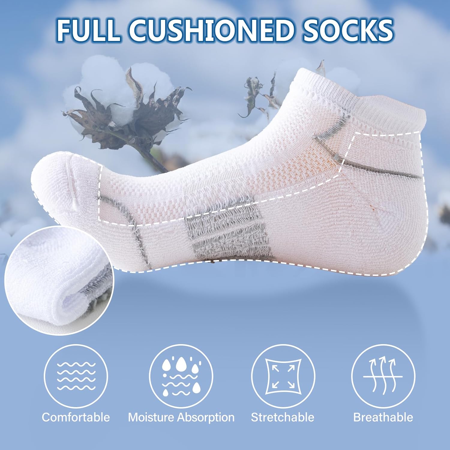 Ankle Socks for Women 6-8 8-10 Running Socks Breathable Anti-Blister Cotton 6 Pairs Sports Cushioned Socks-2