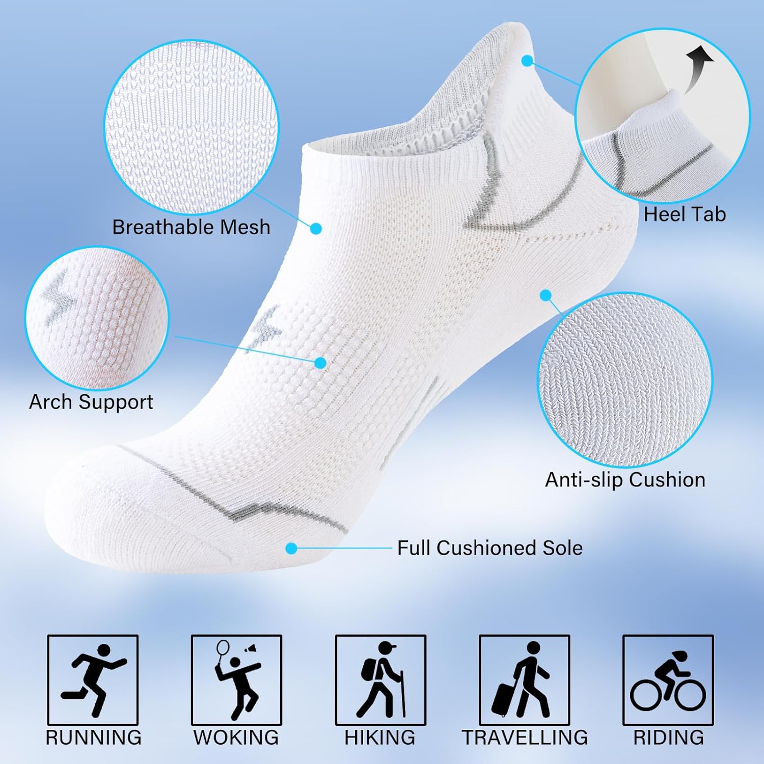 Ankle Socks for Women 6-8 8-10 Running Socks Breathable Anti-Blister Cotton 6 Pairs Sports Cushioned Socks-3