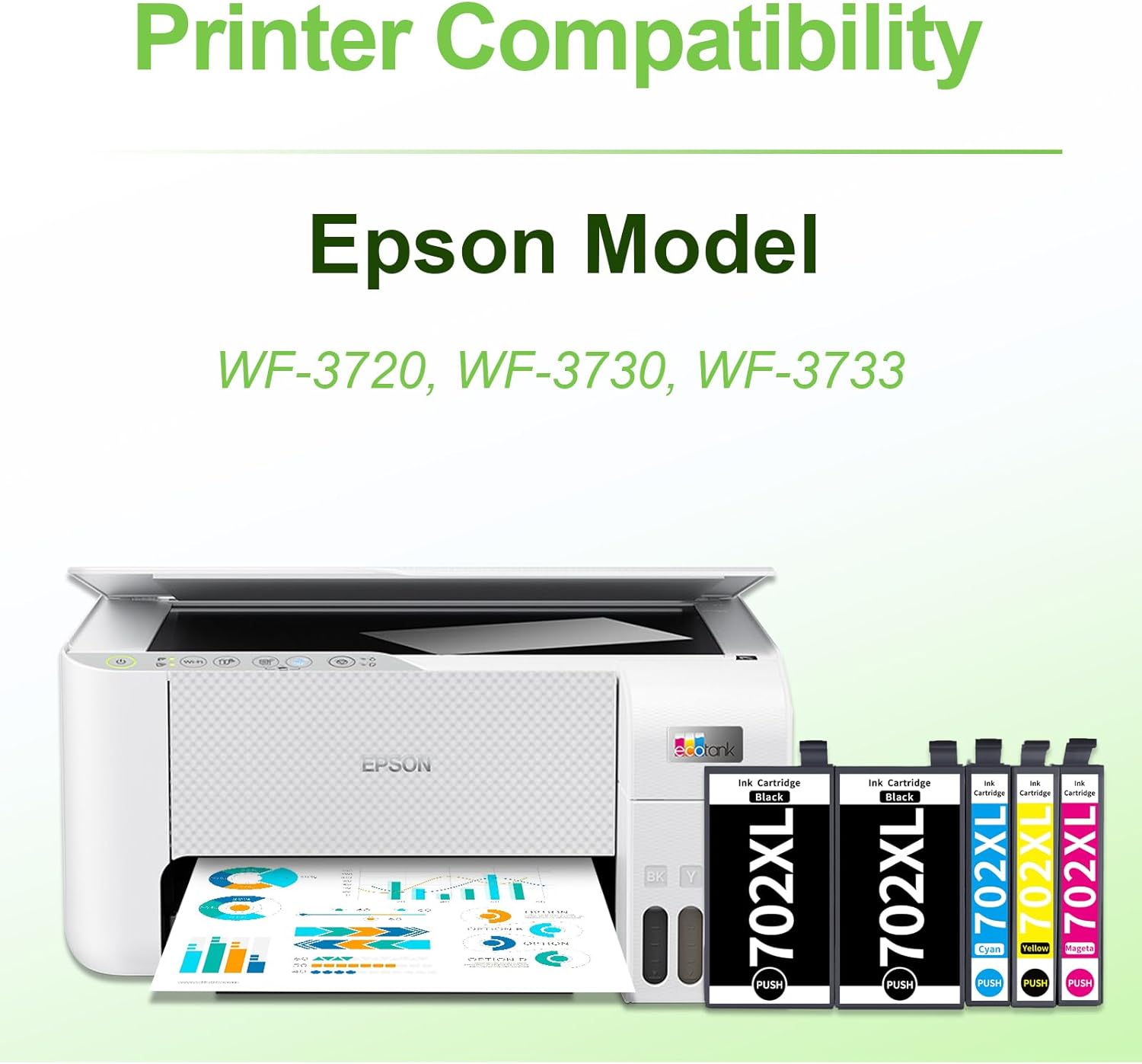 Replacement for Epson 702XL 702 T702XL T702 to use with Workforce Pro WF-3720 WF-3733 WF-3730 Printer (5 Pack)-1