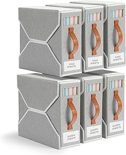 Yecaye 6 Pack Sheet Organizers and Storage, Bed Sheet Organizer for Linen Closet, Foldable Sheet Set Organizer with Clear Window and Label (Queen & King Size), Bedding Storage Box Container, Grey