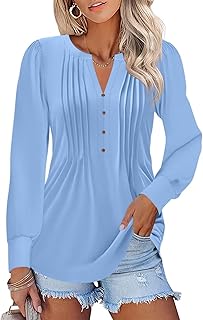 Minetom Women's Puff Long Sleeve Tops Pleated V Neck T Shirts Button Down Shirts Casual Tunics Blouses