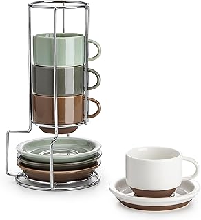 Sweese 2.5 Ounce Espresso Cups Set of 4, Porcelain Stackable Coffee Cups with Saucers and Metal Stand, Multicolor