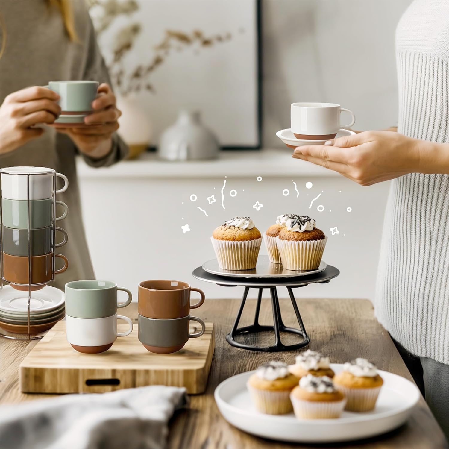 Sweese 2.5 Ounce Espresso Cups Set of 4, Porcelain Stackable Coffee Cups with Saucers and Metal Stand, Multicolor-4