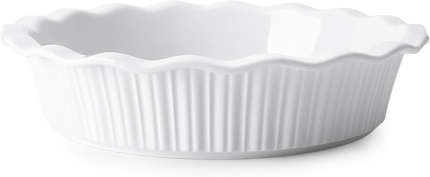 Sweese Porcelain Deep Fluted Pie Dish for Baking - 9 inch Porcelain Pie Plate for Apple, Quiche, Pot Pies, Tart - Vertical Line - White-0