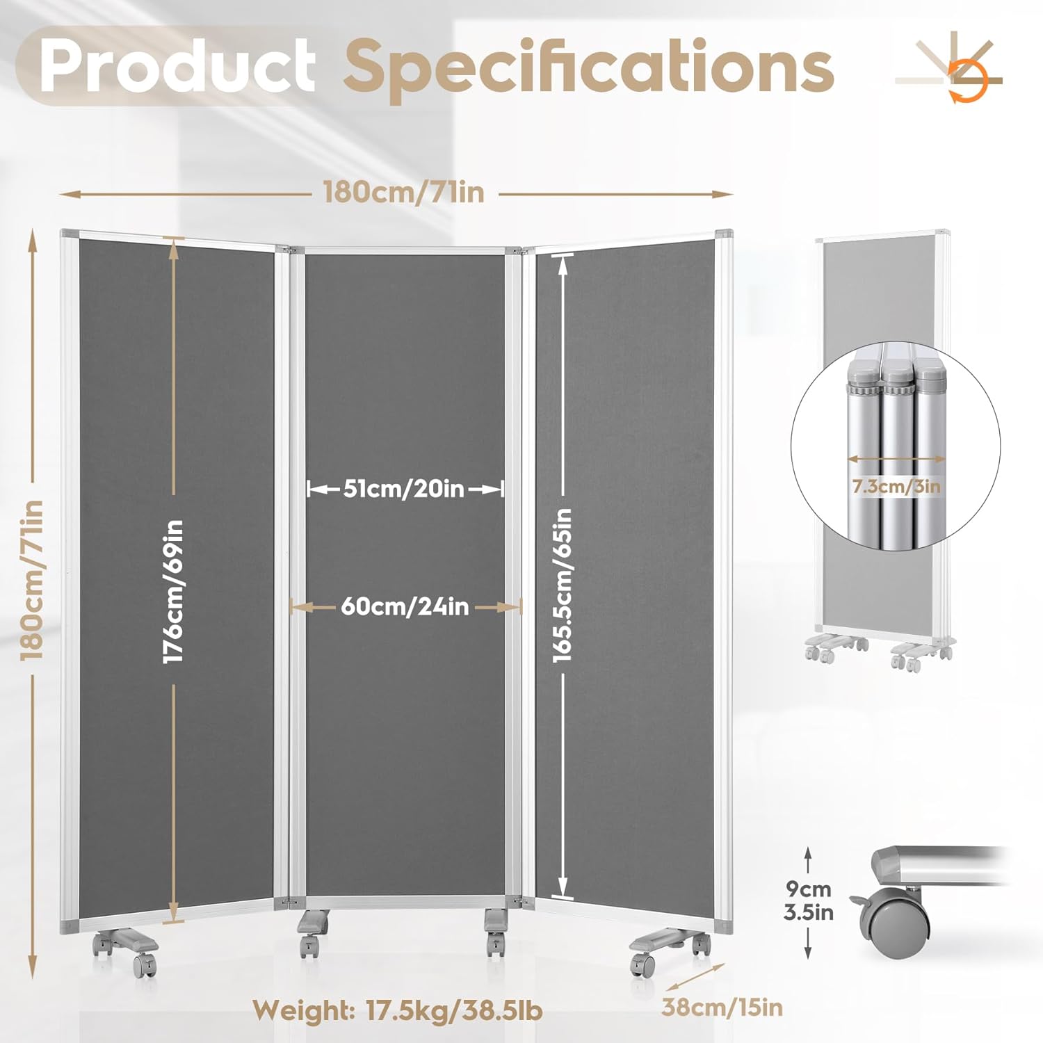 Flodable Wall Partition Sliding Office Dividers Workstation Privacy Panels Freestanding Rolling Screen,Grey Fabric,71" H x 24" W,Locking Wheel-1