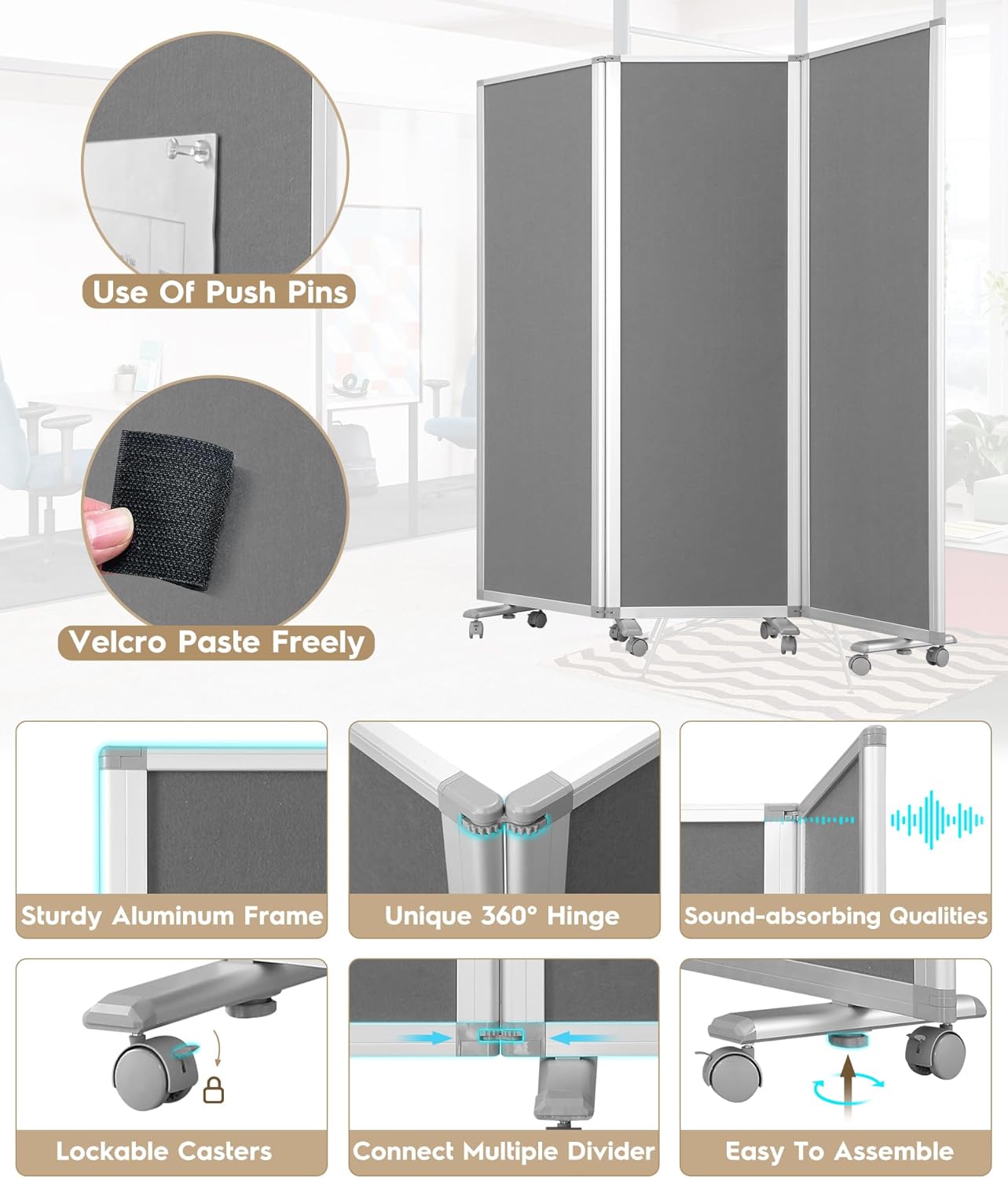 Flodable Wall Partition Sliding Office Dividers Workstation Privacy Panels Freestanding Rolling Screen,Grey Fabric,71" H x 24" W,Locking Wheel-2