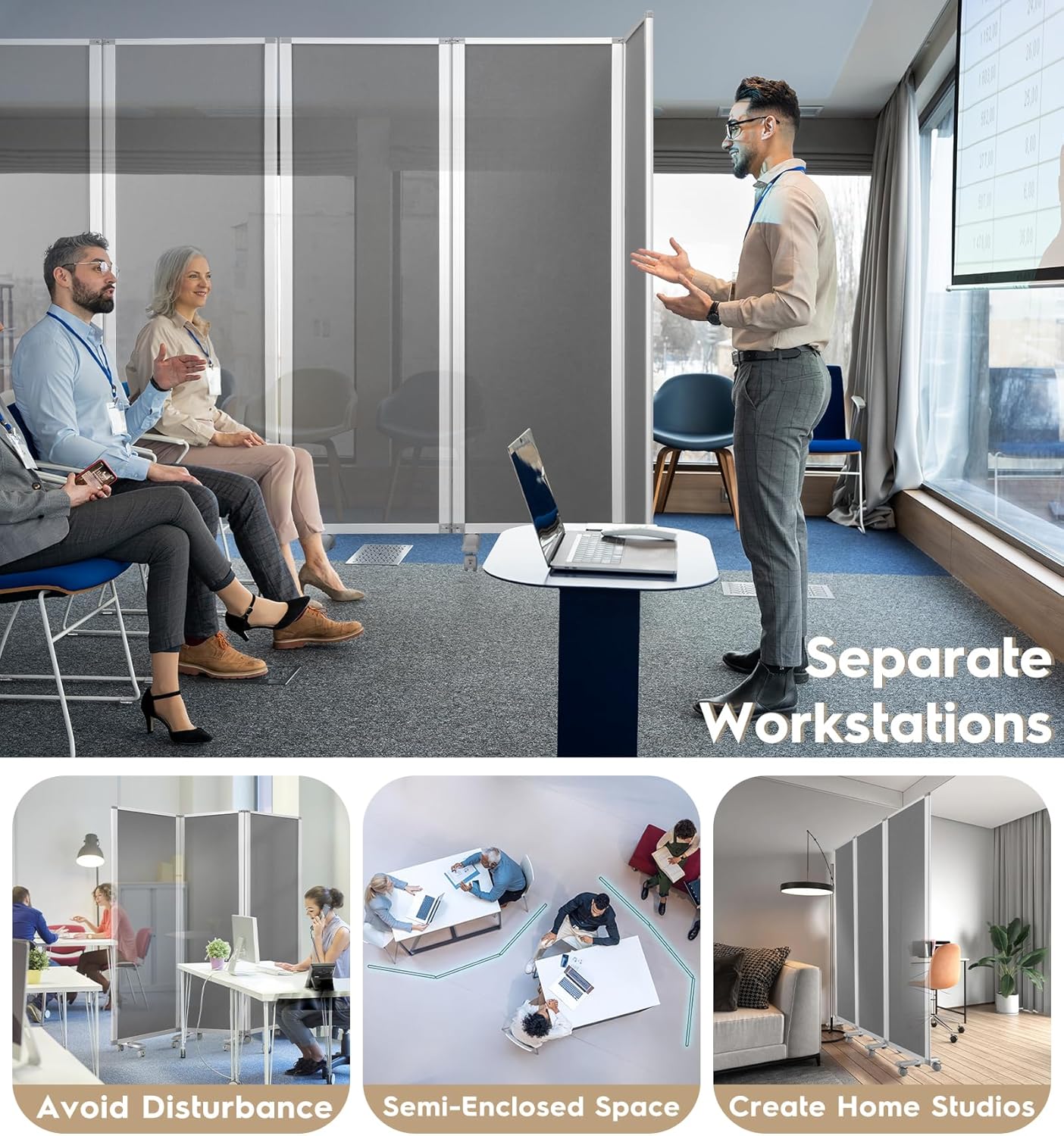 Flodable Wall Partition Sliding Office Dividers Workstation Privacy Panels Freestanding Rolling Screen,Grey Fabric,71" H x 24" W,Locking Wheel-4