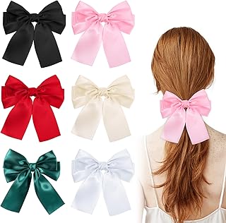 Thinp 6 Pcs Coquette Bows,Silky Satin Hair Bows Hair Bows for Women White Hair Bow Large Bow Hair Clips with Long Tails Bow Clips for Women Girls(Beige,White, Pink,Red,Green,Black)