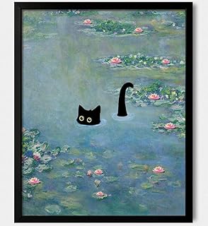 oulawote Cat Wall Art Monet Prints Vintage Canvas Wall Art Funny Cat in Water Lilies Posters for Room Bedroom Living Room Bathroom Wall Decor Aesthetic (Size: 8''x10''x1pcs)