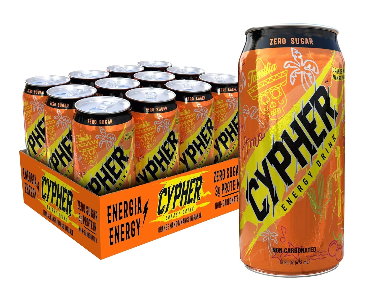 Cypher Orange Mango Zero Sugar Energy Drink - 3g Whey Protein, 0g Sugar, 260 mg Caffeine, Non-Carbonated, High-Performance Sugar Free Drink for Sustained Energy and Focus - 12-Pack,16 oz Cans-0