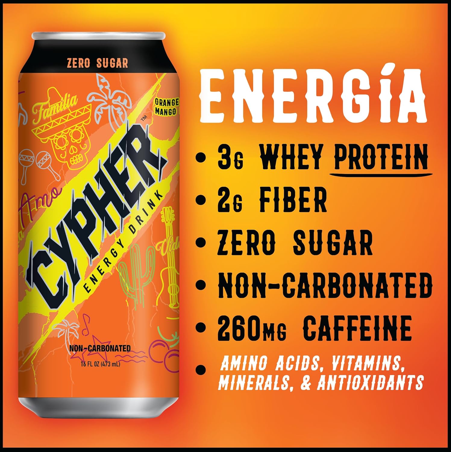 Cypher Orange Mango Zero Sugar Energy Drink - 3g Whey Protein, 0g Sugar, 260 mg Caffeine, Non-Carbonated, High-Performance Sugar Free Drink for Sustained Energy and Focus - 12-Pack,16 oz Cans-1