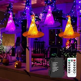 Minetom Minetom Halloween Lights Battery Operated, 8PC 56 LED Witch Hat String Lights with Orange and Purple Lights,Hanging Witch Hat Lights with Remote,8 Modes,Halloween String Lights for Outdoor Indoor Tree