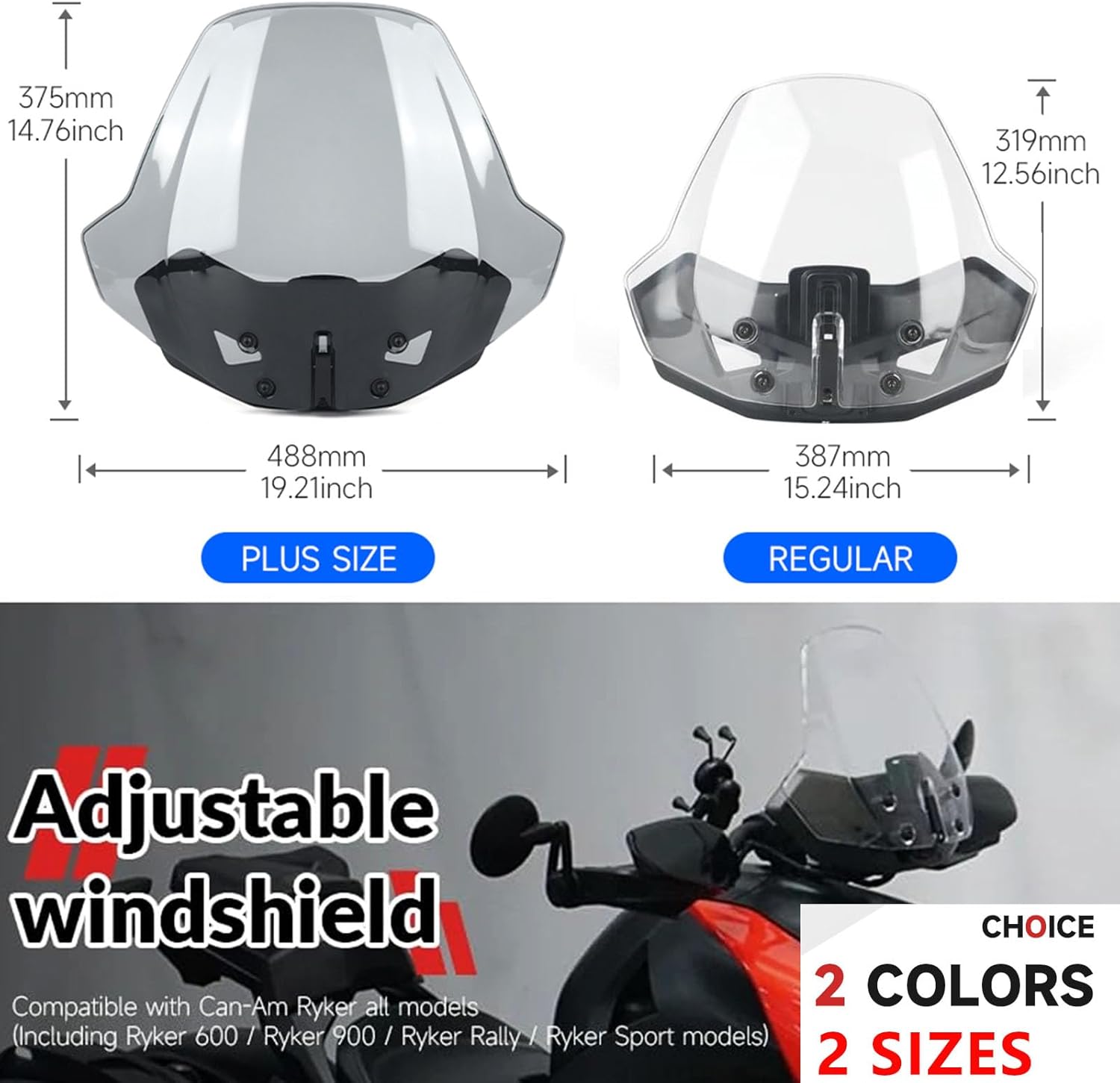 Adjustable 3 inches Windshield for Can-Am Ryker 600 900 Sport & Rally Edition 2019-2023 All Models, Front Vented Wind Deflector Windscreen Accessories( Replace # 219401023, 219400771)-1