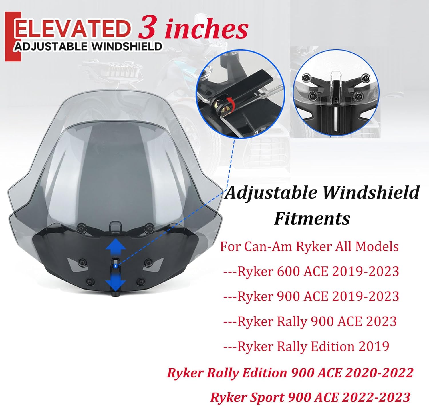 Adjustable 3 inches Windshield for Can-Am Ryker 600 900 Sport & Rally Edition 2019-2023 All Models, Front Vented Wind Deflector Windscreen Accessories( Replace # 219401023, 219400771)-5