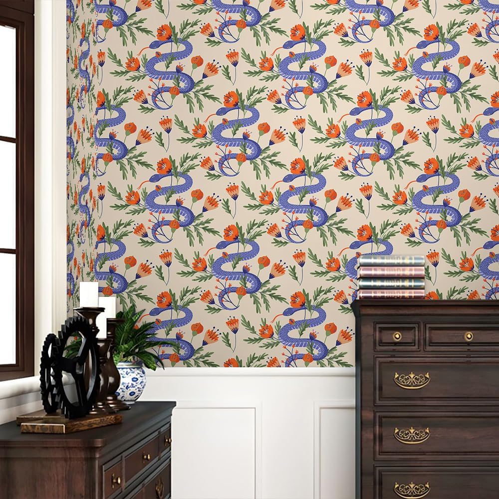 REDAMANCY Beige/Red/Blue Sneak Flowers Damask Orange Green Leaf Peel and Stick Wallpaper Stick on Contact Paper Vintage Wall Paper Easy Peel Off for nightstand Drawer Cabinet Renter-1