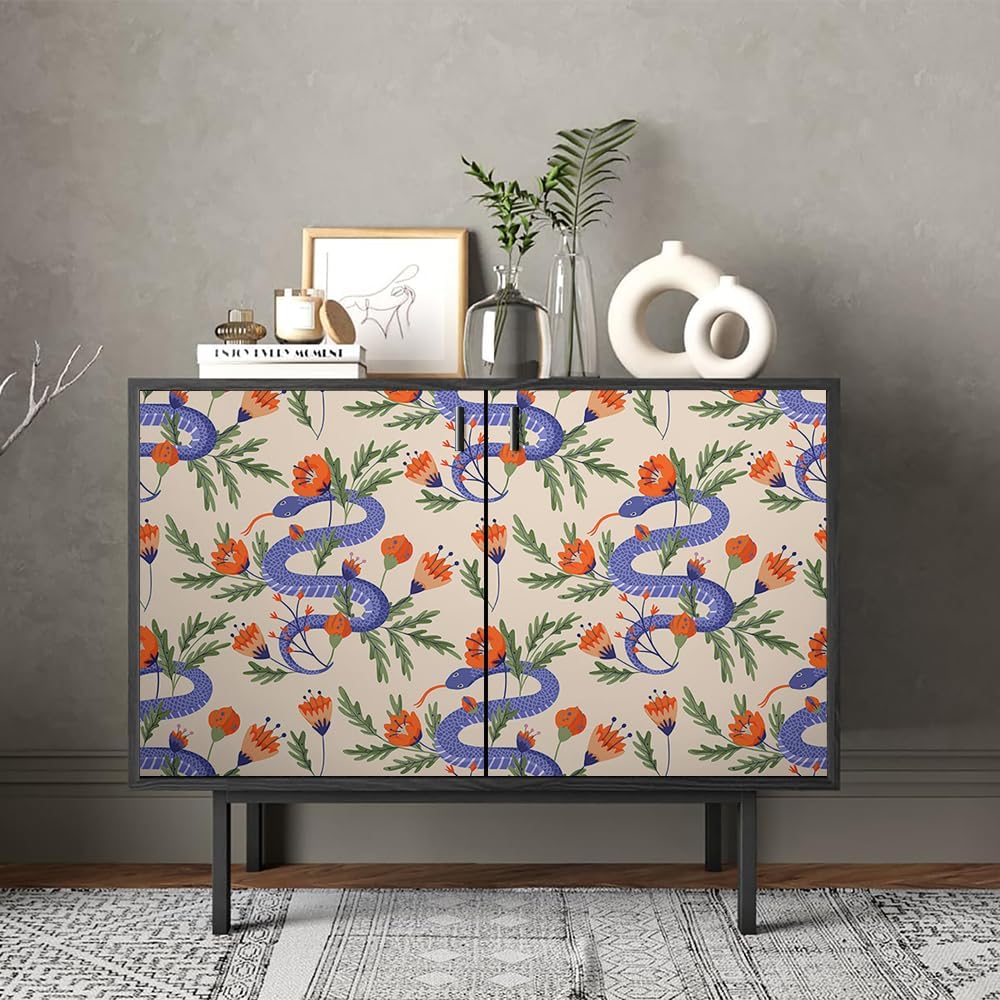 REDAMANCY Beige/Red/Blue Sneak Flowers Damask Orange Green Leaf Peel and Stick Wallpaper Stick on Contact Paper Vintage Wall Paper Easy Peel Off for nightstand Drawer Cabinet Renter-3