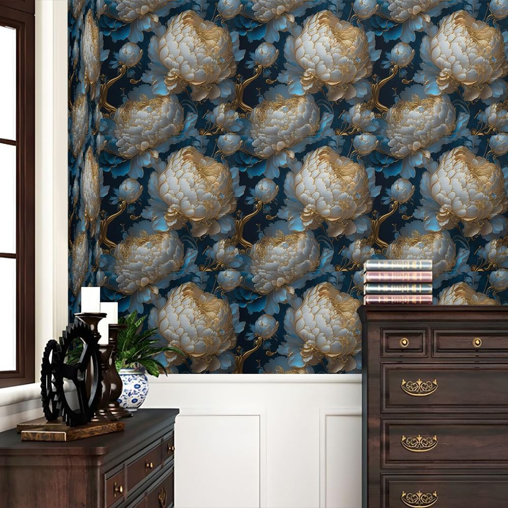 REDAMANCY Vintage Dark Navy Blue Gold White Peony Large Floral Peel and Stick Wallpaper Stick on Contact Paper Vintage Wall Paper Easy Peel Off for nightstand Drawer Cabinet Renter-1