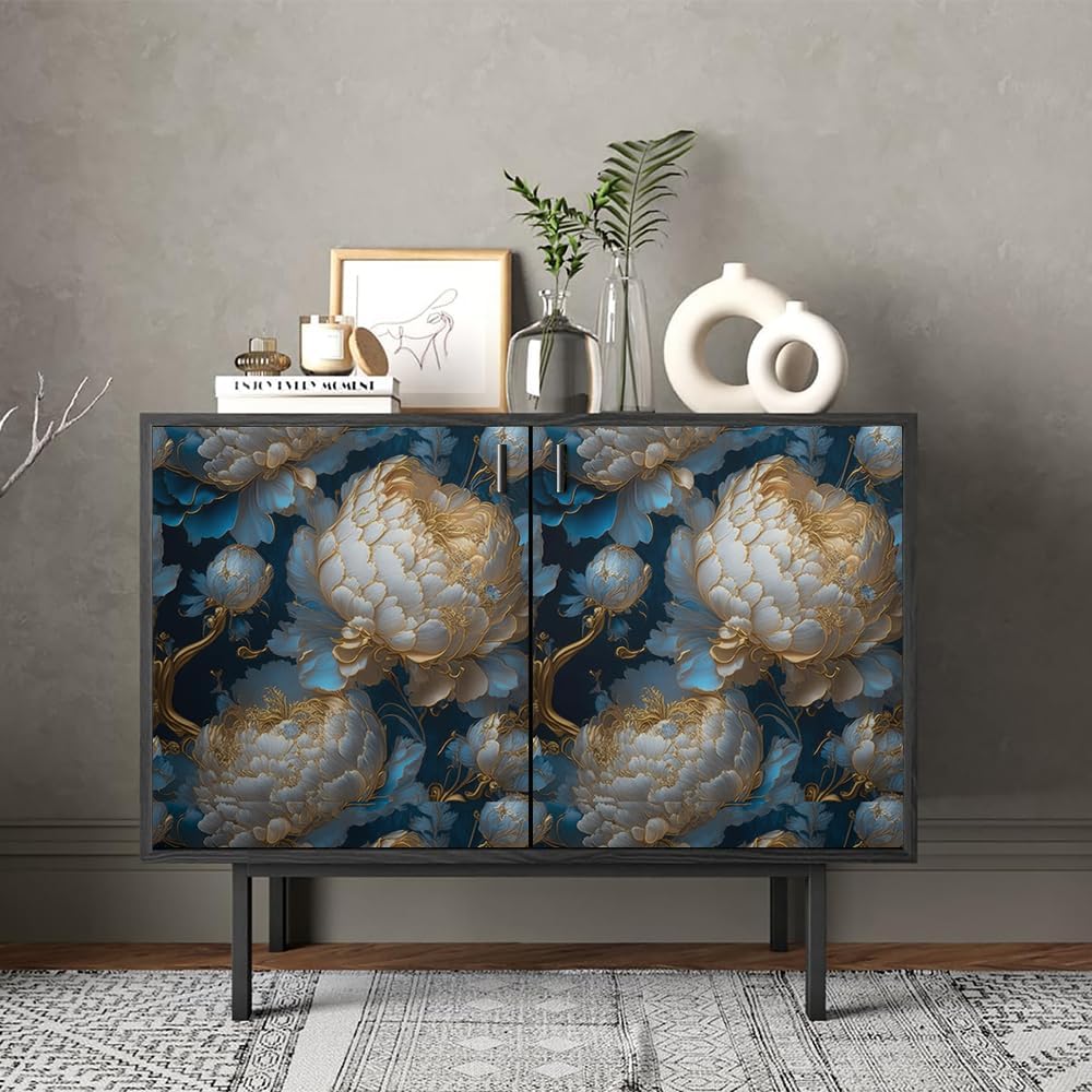 REDAMANCY Vintage Dark Navy Blue Gold White Peony Large Floral Peel and Stick Wallpaper Stick on Contact Paper Vintage Wall Paper Easy Peel Off for nightstand Drawer Cabinet Renter-3