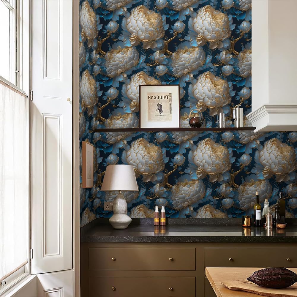 REDAMANCY Vintage Dark Navy Blue Gold White Peony Large Floral Peel and Stick Wallpaper Stick on Contact Paper Vintage Wall Paper Easy Peel Off for nightstand Drawer Cabinet Renter-4