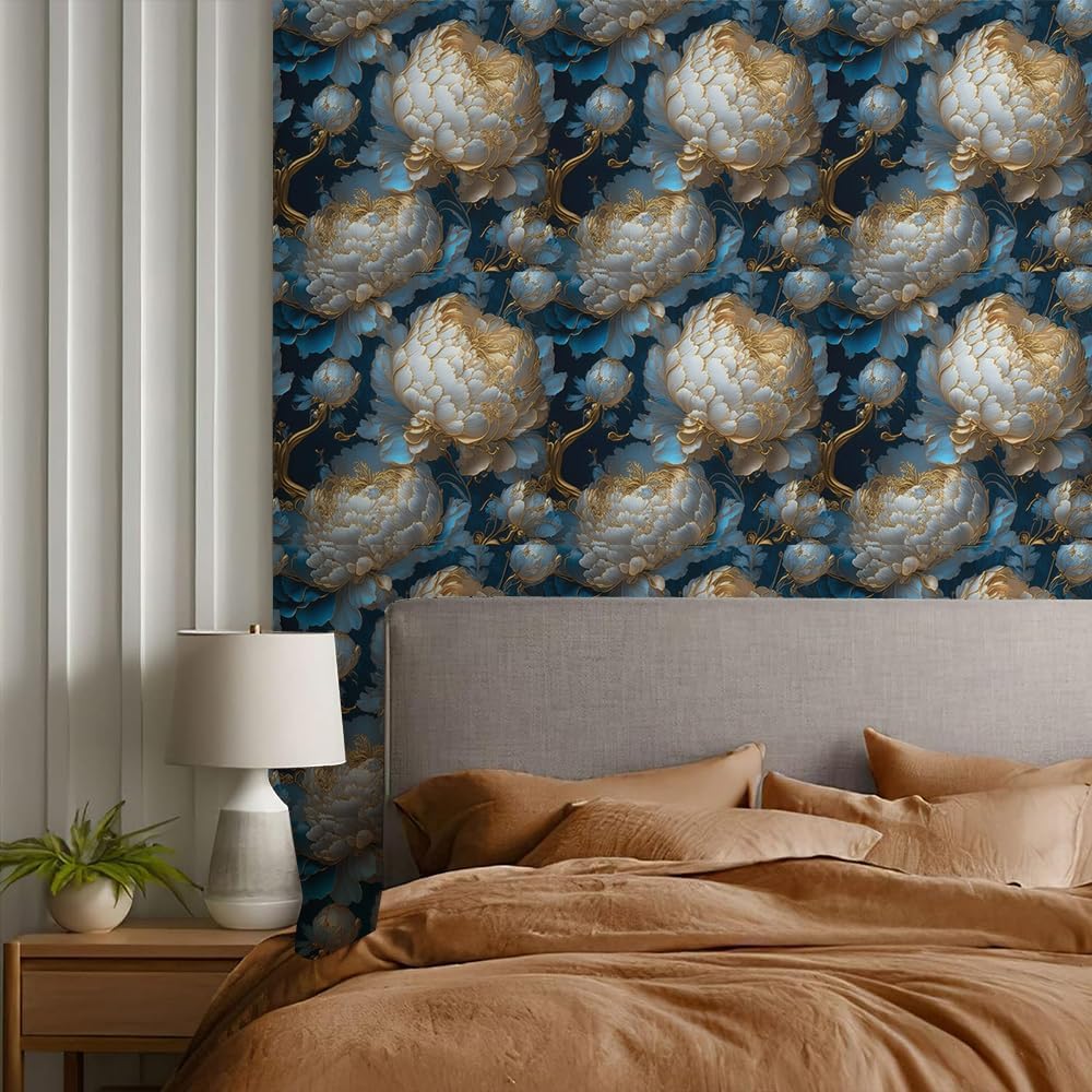 REDAMANCY Vintage Dark Navy Blue Gold White Peony Large Floral Peel and Stick Wallpaper Stick on Contact Paper Vintage Wall Paper Easy Peel Off for nightstand Drawer Cabinet Renter-5