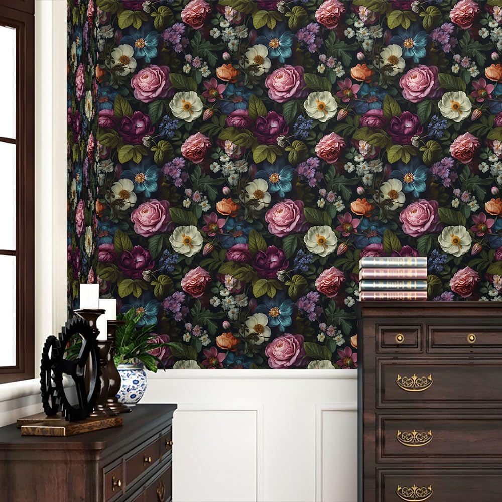 REDAMANCY Dark Black Pink Flowers White Poppies Peony Floral Peel and Stick Wallpaper Stick on Contact Paper Vintage Wall Paper Easy Peel Off for nightstand Drawer Cabinet Renter-1