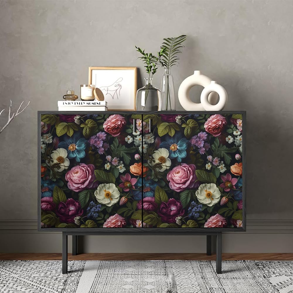 REDAMANCY Dark Black Pink Flowers White Poppies Peony Floral Peel and Stick Wallpaper Stick on Contact Paper Vintage Wall Paper Easy Peel Off for nightstand Drawer Cabinet Renter-3