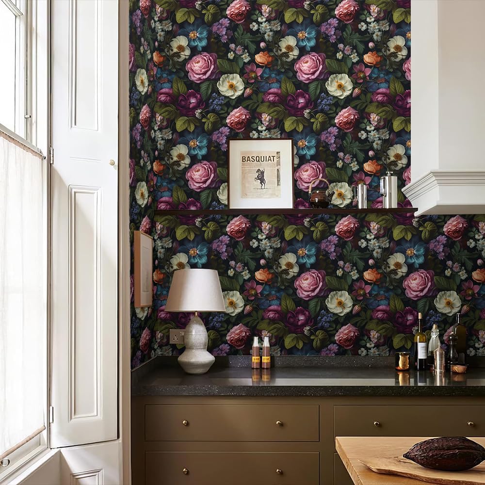 REDAMANCY Dark Black Pink Flowers White Poppies Peony Floral Peel and Stick Wallpaper Stick on Contact Paper Vintage Wall Paper Easy Peel Off for nightstand Drawer Cabinet Renter-4