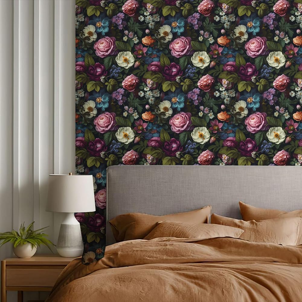 REDAMANCY Dark Black Pink Flowers White Poppies Peony Floral Peel and Stick Wallpaper Stick on Contact Paper Vintage Wall Paper Easy Peel Off for nightstand Drawer Cabinet Renter-5