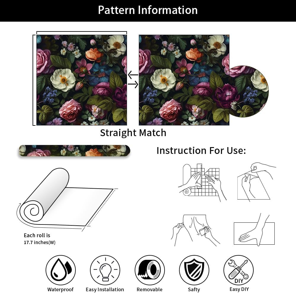 REDAMANCY Dark Black Pink Flowers White Poppies Peony Floral Peel and Stick Wallpaper Stick on Contact Paper Vintage Wall Paper Easy Peel Off for nightstand Drawer Cabinet Renter-6