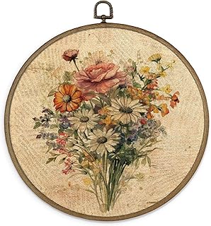 MAQIKA Vintage Floral Framed Wall Art Decor, Botanical Floral Wall Art, Farmhouse Flower Round Wall Hanging Decor,Boho Floral Flowers Canvas Prints Wall Art for Living Room Bedroom Kitchen,10x10 Inch