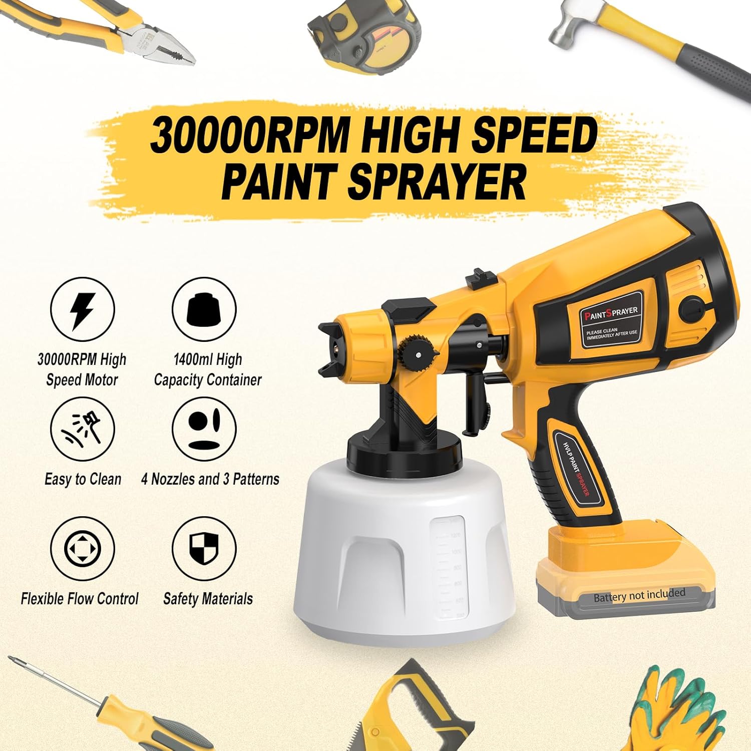 Cordless Paint Sprayer 30000RPM High Speed Electric Spray Paint Gun with 1400ml High Capacity Container Easy to Clean for House Painting Furniture Home Interior (Not Include Battery)-1